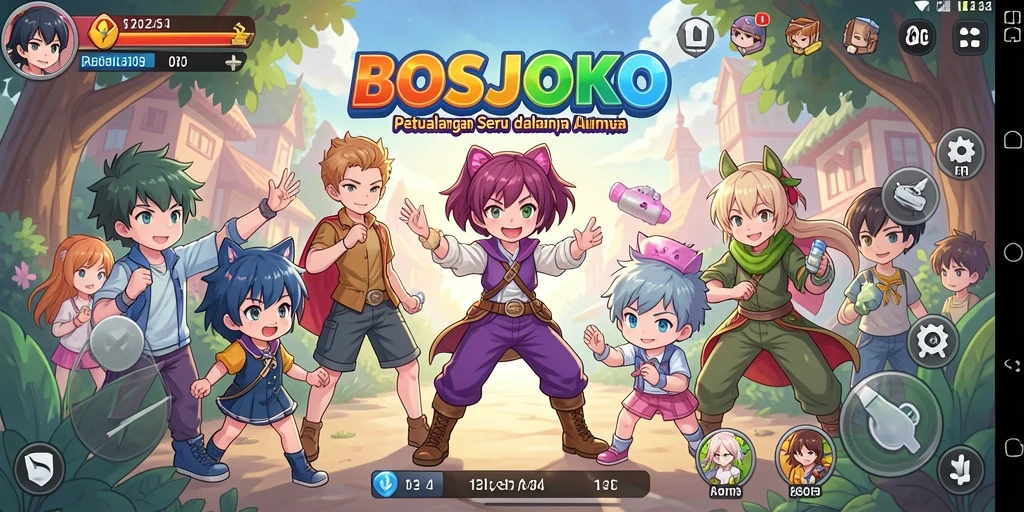 Tangkapan layar permainan BOSJOKO yang menampilkan pertarungan karakter Anime.