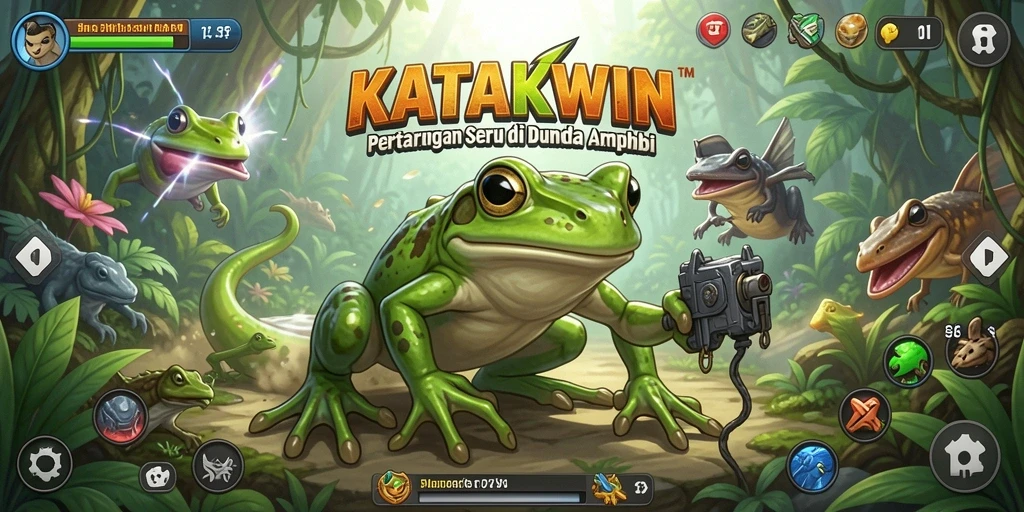 Tangkapan layar KATAKWIN menampilkan pertarungan seru katak di arena.
