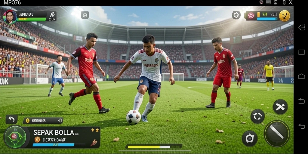 Tangkapan layar utama MPO76 menampilkan aksi mendebarkan di lapangan sepak bola.