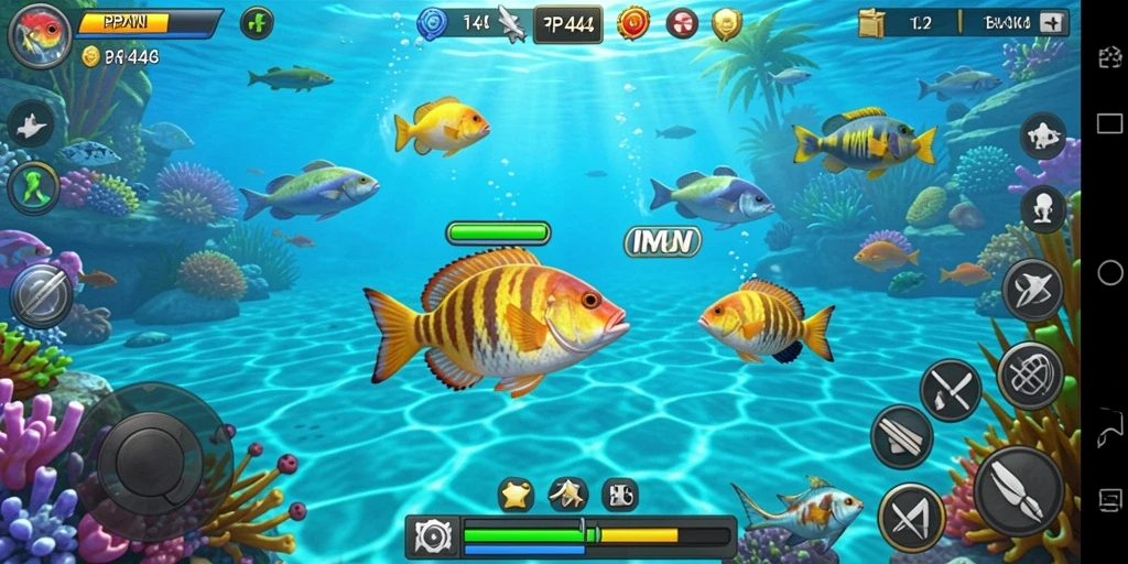 Screenshot gameplay PP444 dengan aksi menangkap ikan yang seru.